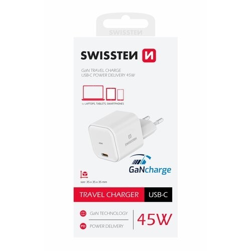 SWISSTEN SÍŤOVÝ ADAPTÉR GaN 1x USB-C 45W POWER DELIVERY BÍLÝ