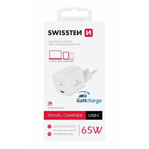 SWISSTEN SÍŤOVÝ ADAPTÉR GaN 1x USB-C 65W POWER DELIVERY BÍLÝ