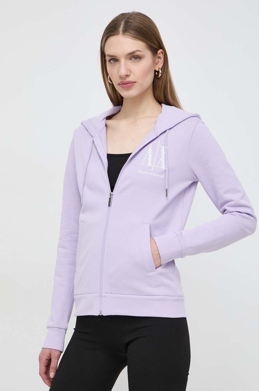 Bavlnená mikina Armani Exchange dámska, fialová farba, s kapucňou, jednofarebná
