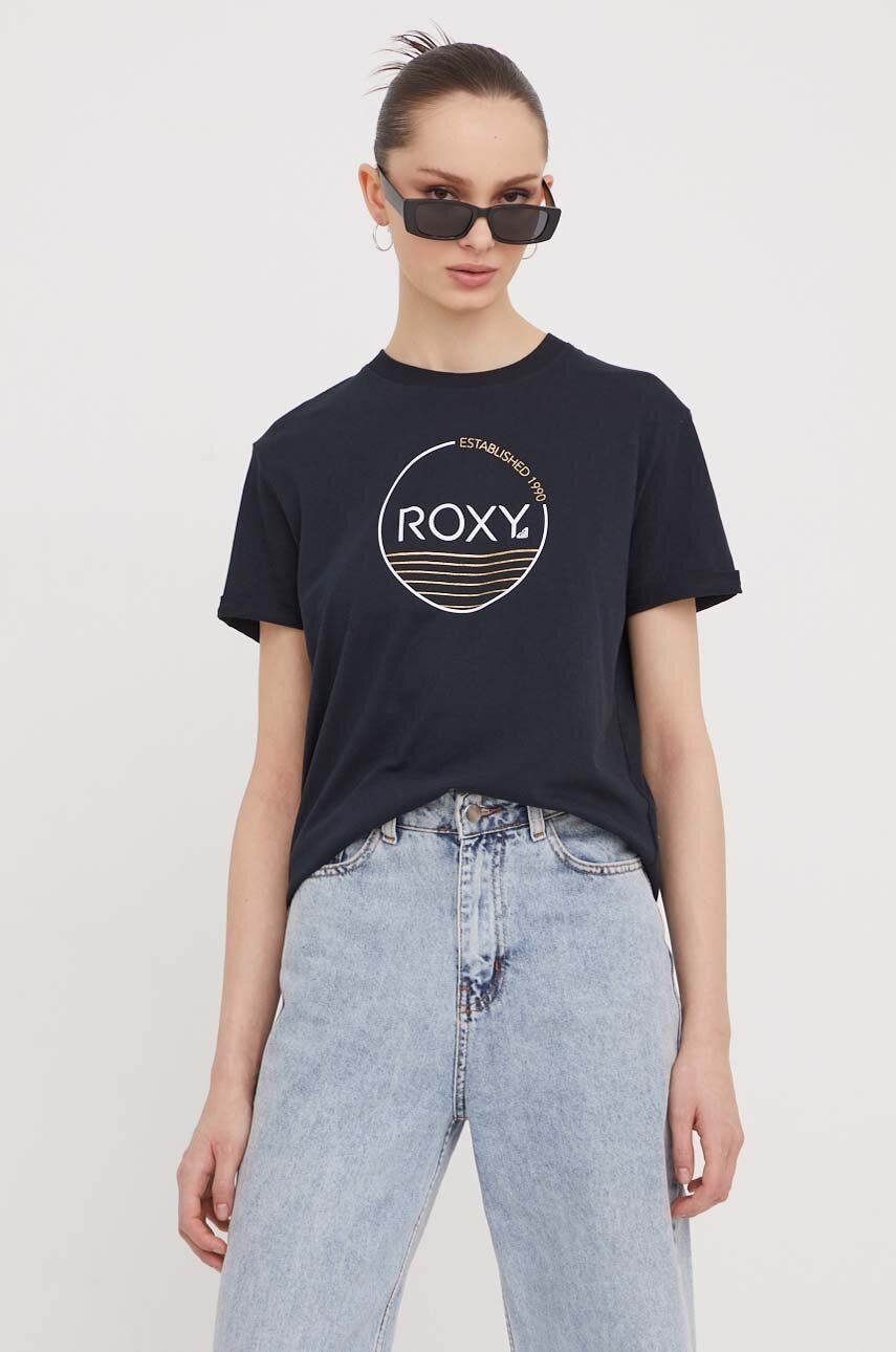 Bavlnené tričko Roxy dámsky, čierna farba