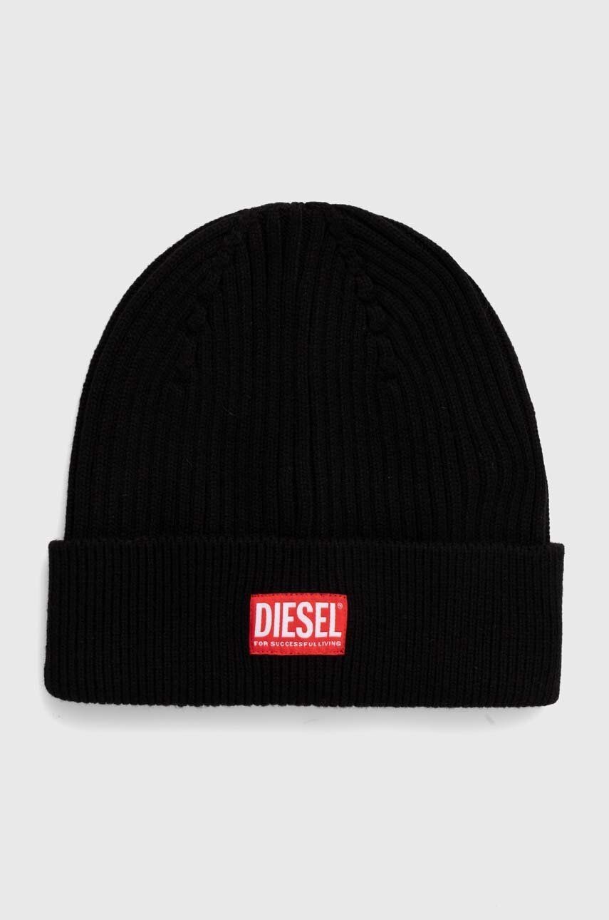 Vlnená čiapka Diesel čierna farba, z tenkej pleteniny, vlnená