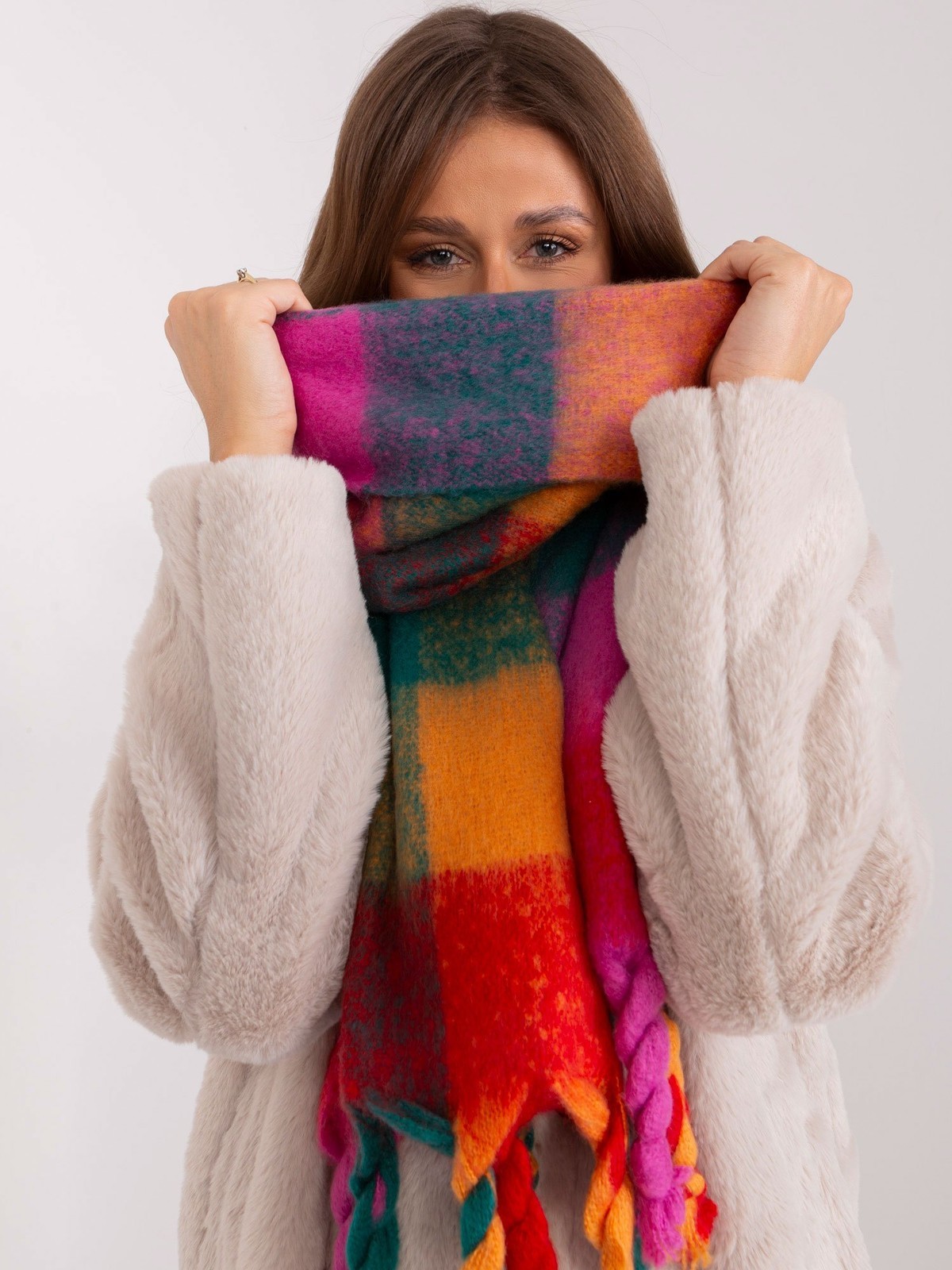 Green and red wide scarf with fringe