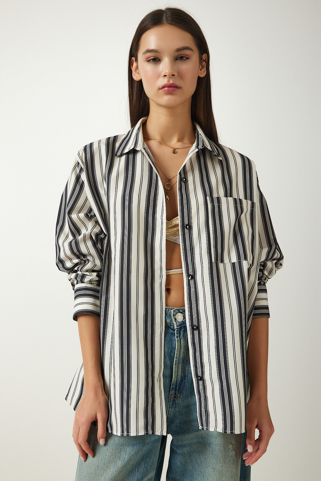 Happiness İstanbul Women's Cream Black Striped Oversize Knitted Shirt
