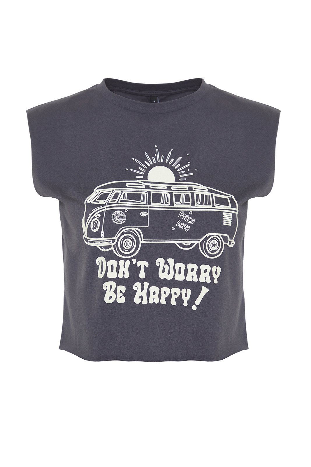Trendyol Anthracite 100% Cotton Printed Sleeveless Crop Crew Neck Knitted T-Shirt
