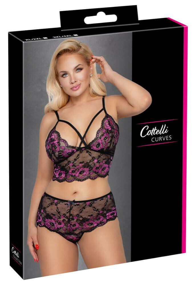 Cottelli Plus Size - Kvetinová podprsenka (čierno-fialová)