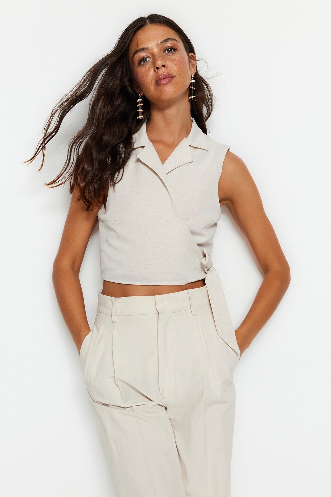 Trendyol Beige Woven Tie-Up Blouse