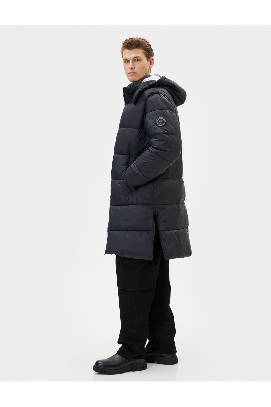 Koton Long Puffer Jacket Hooded Zippered Back Printed Pocket
