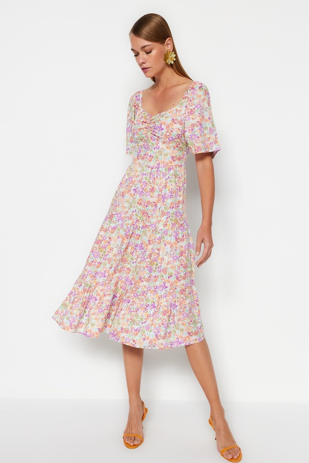 Trendyol Mint A-Line Midi Woven Balloon Sleeve Floral Patterned Woven Dress