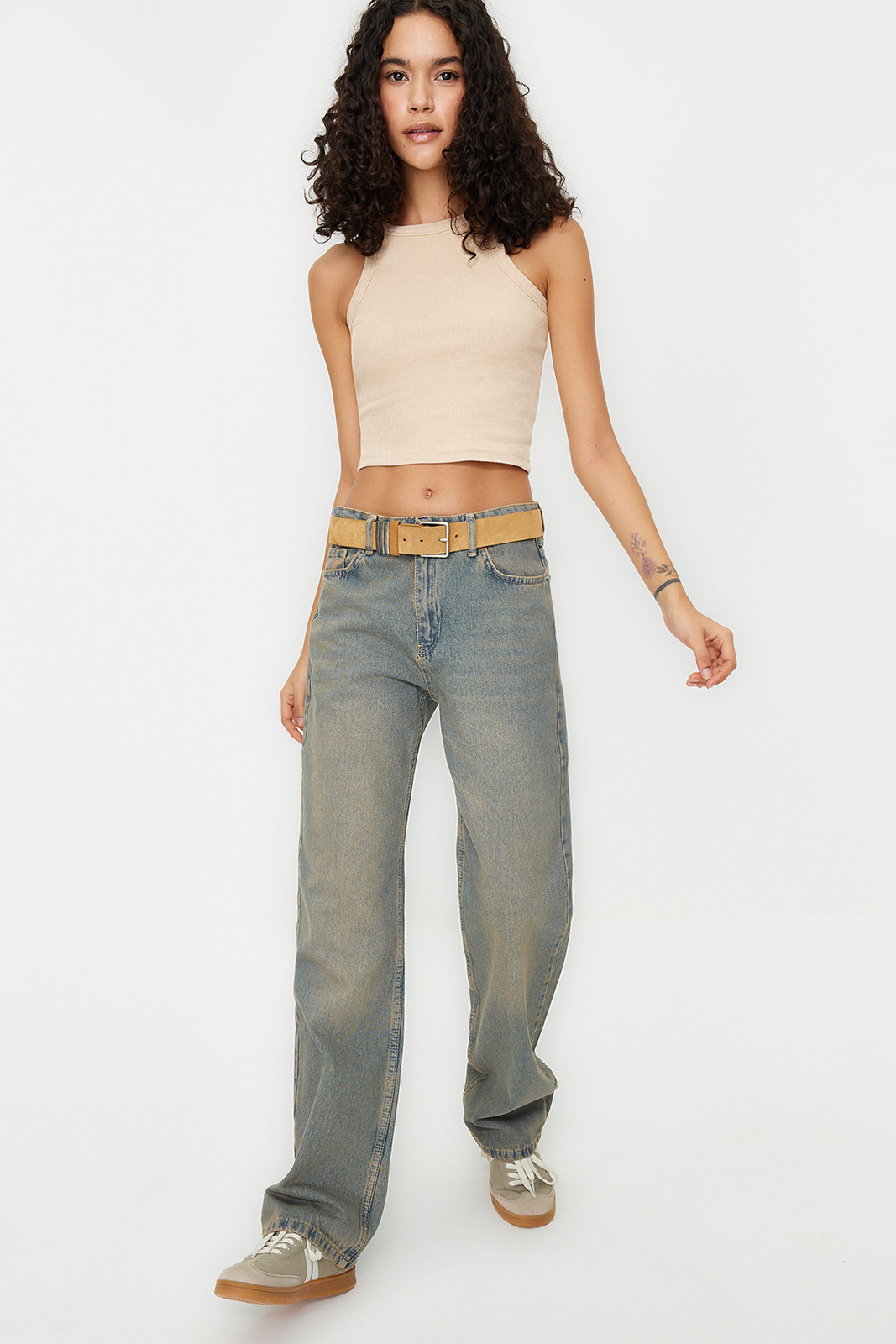 Trendyol Beige Antique/Faded Effect Crop Fitted Halter Neck Cotton Stretchy Knitted Knitted Undershirt