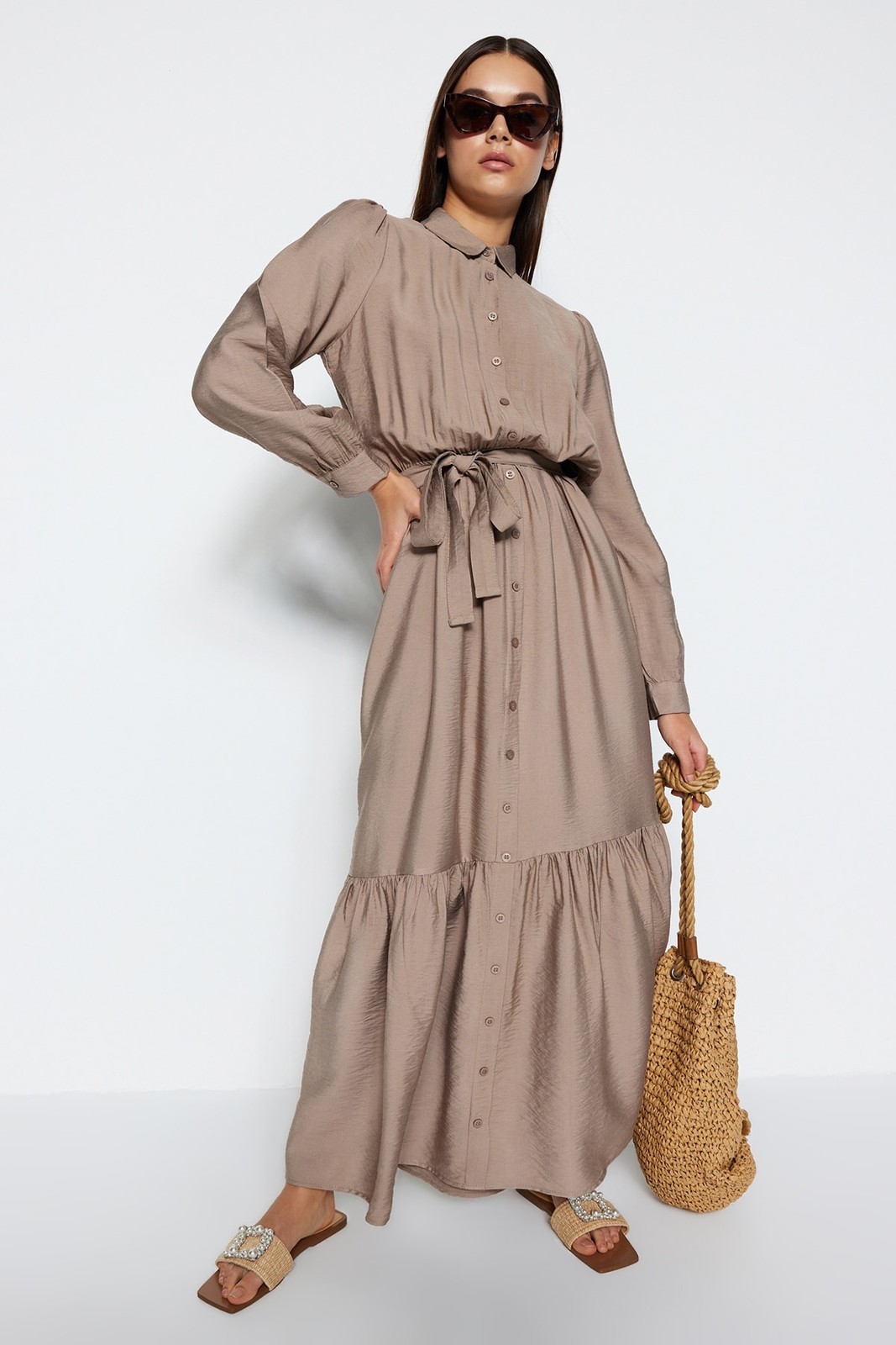Trendyol Mink Belted Shoulder Detail Skirt With Flounces Woven Shirt Dress