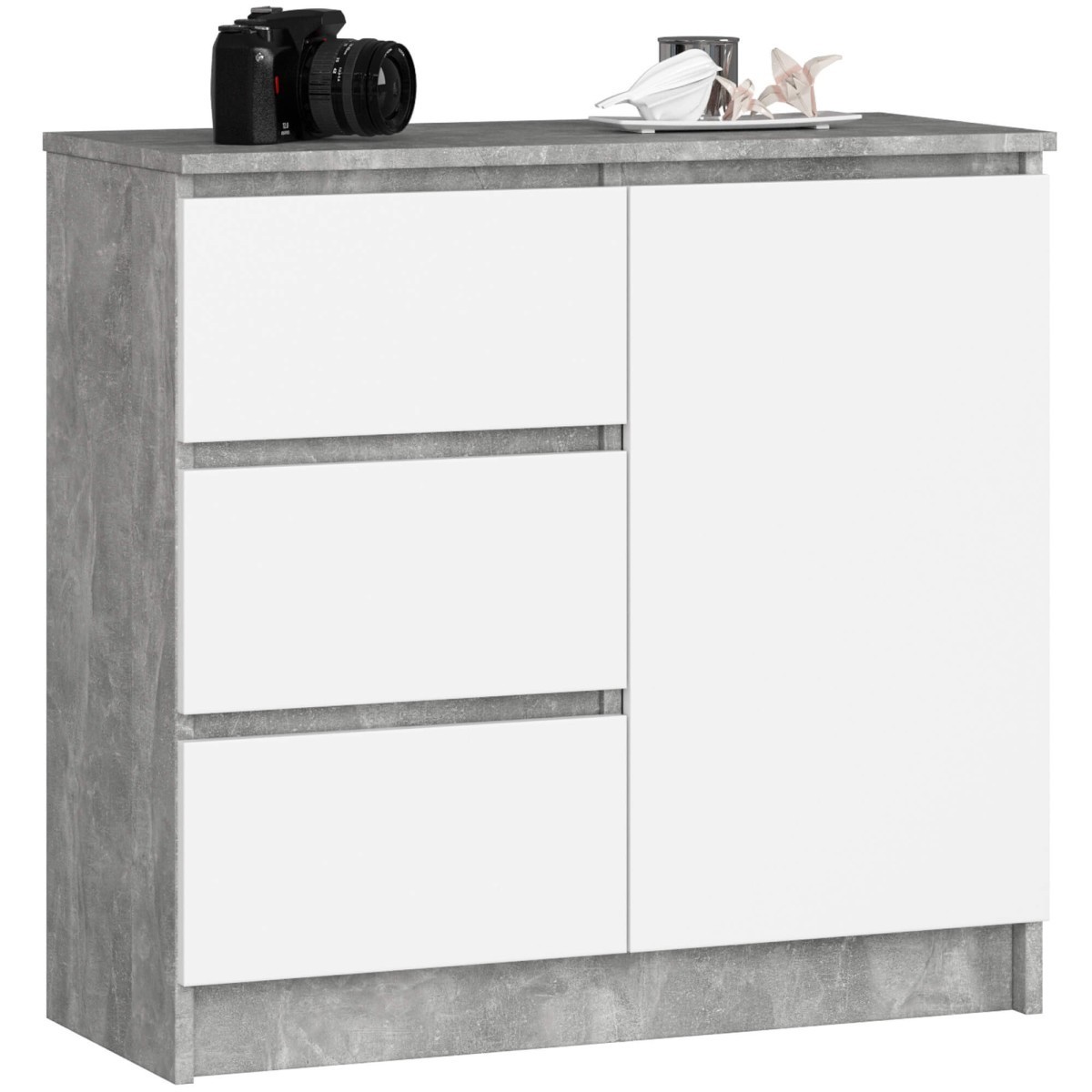 Komoda JERRY K 80 cm 1 dveře 3 zásuvky beton/bílá