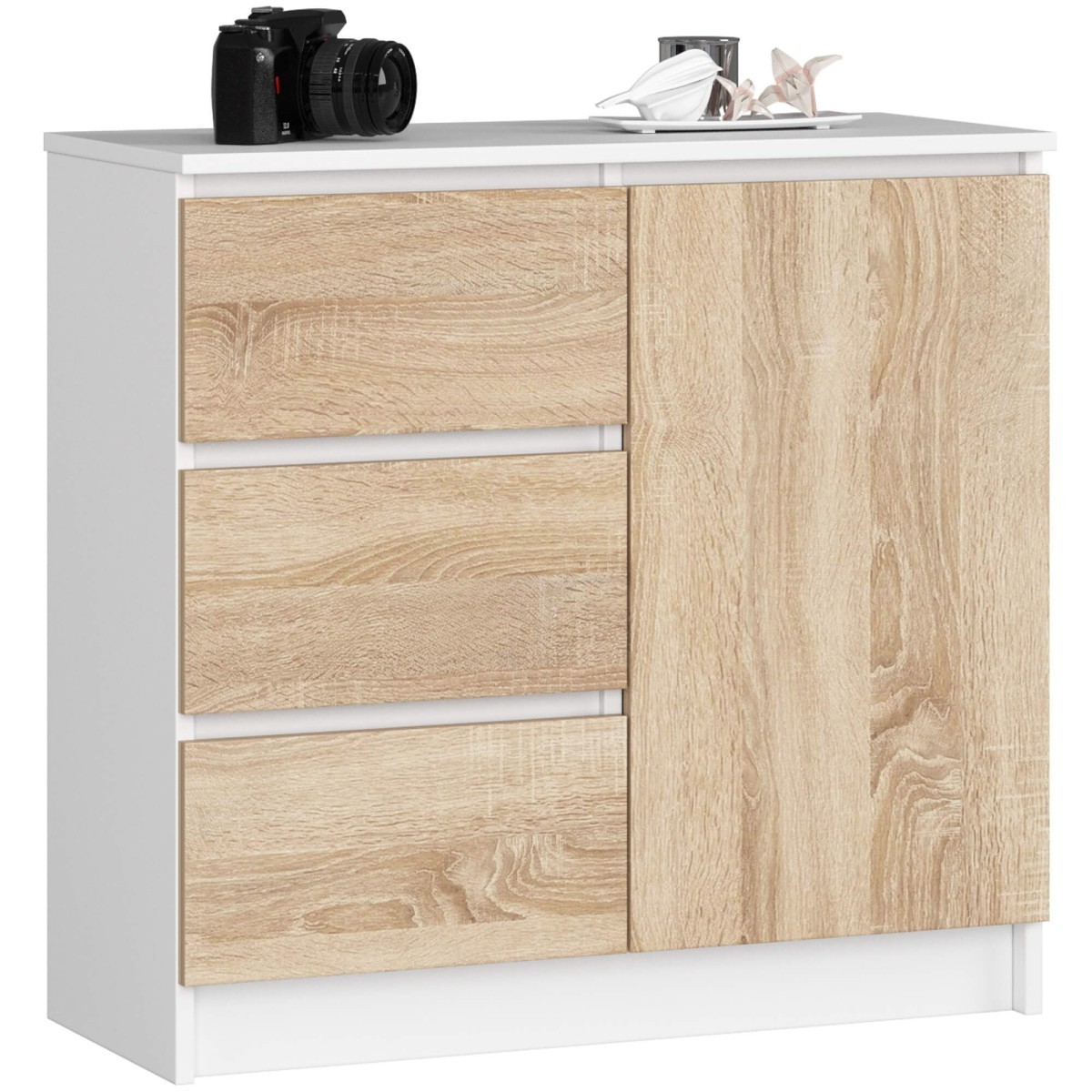 Komoda JERRY K 80 cm 1 dveře 3 zásuvky bílá/dub sonoma