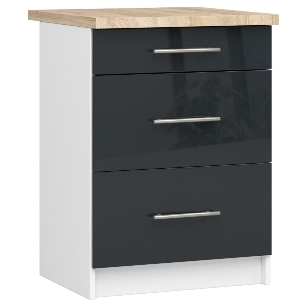 Kuchyňská skříňka Olivie S 60 cm 3S bílá/černá s grafitovým leskem/dub sonoma