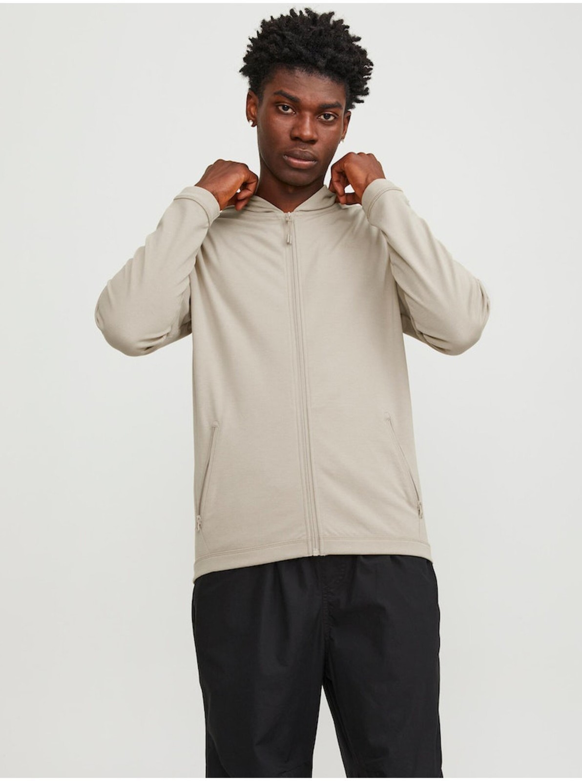 Béžová pánska mikina na zips s kapucňou Jack & Jones Cloud