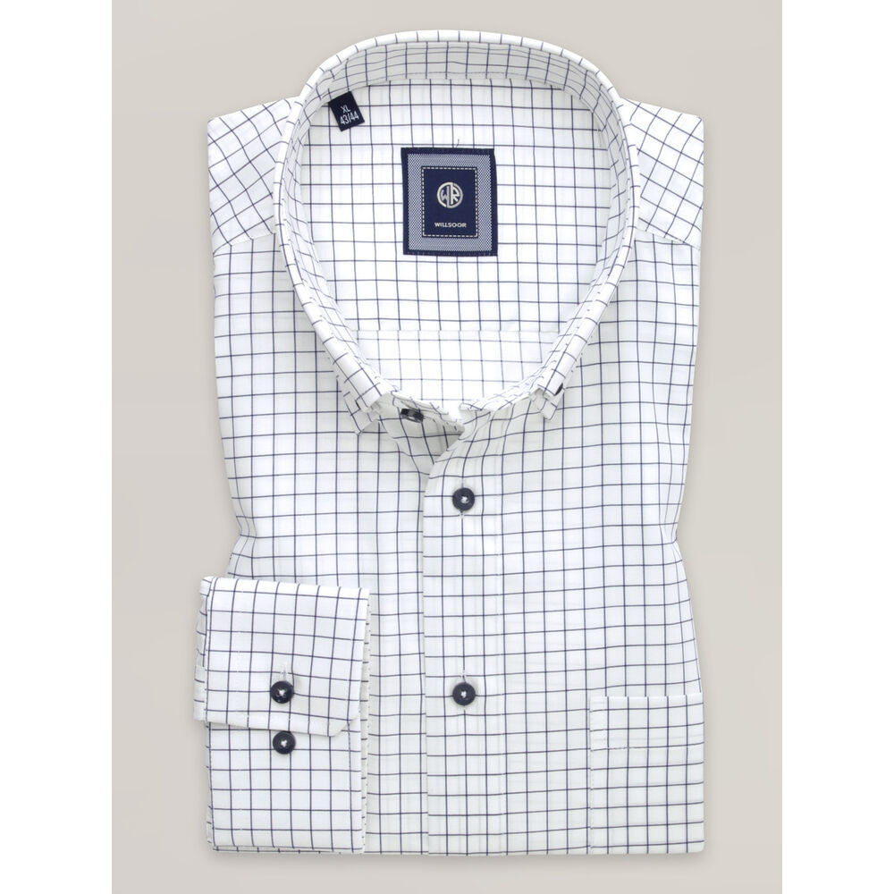 Pánska biela košeľa slim fit s tmavomodrým károvaným vzorom 16246