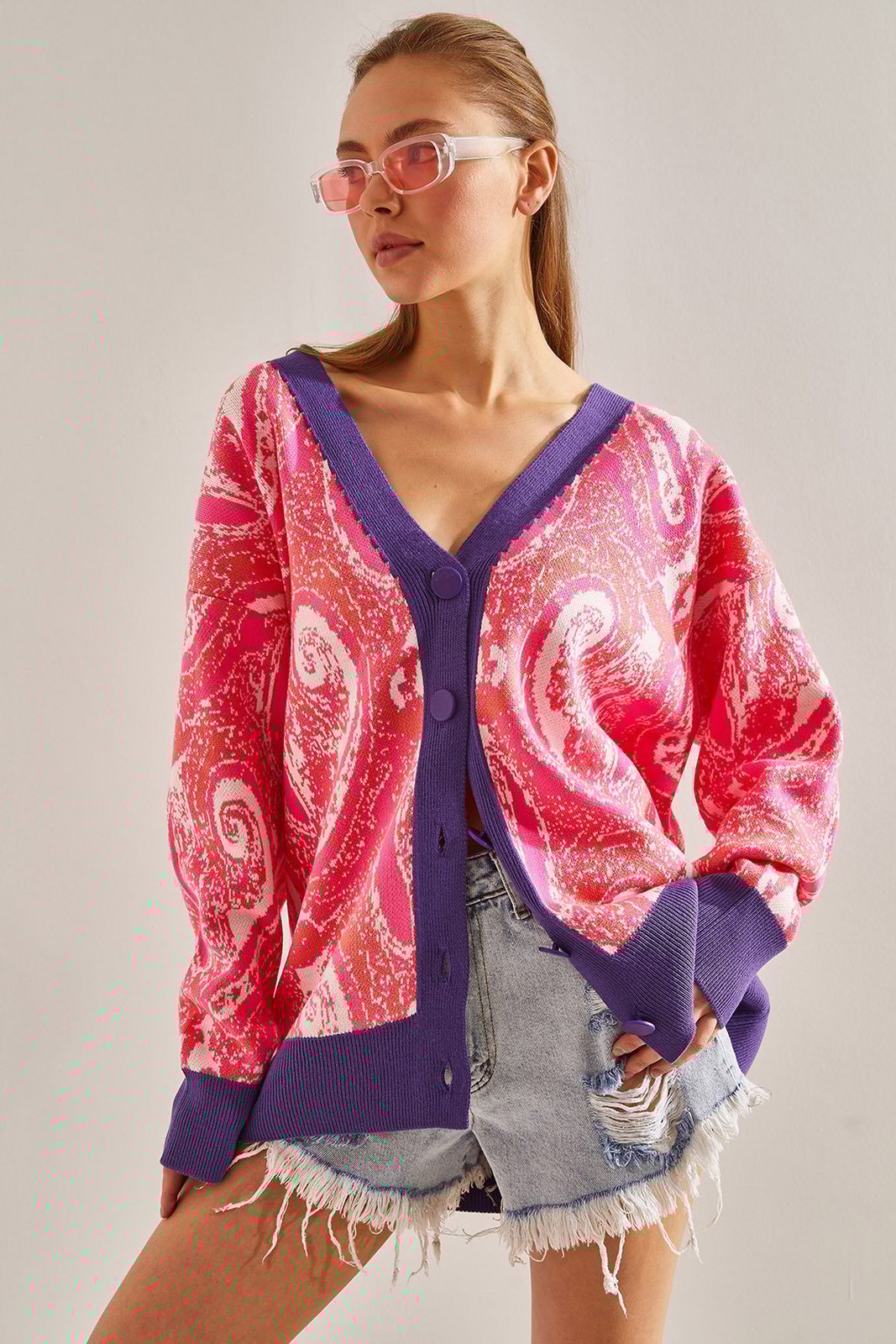 Bianco Lucci Women's Multi Patterned Oversize Knitwear Cardigan