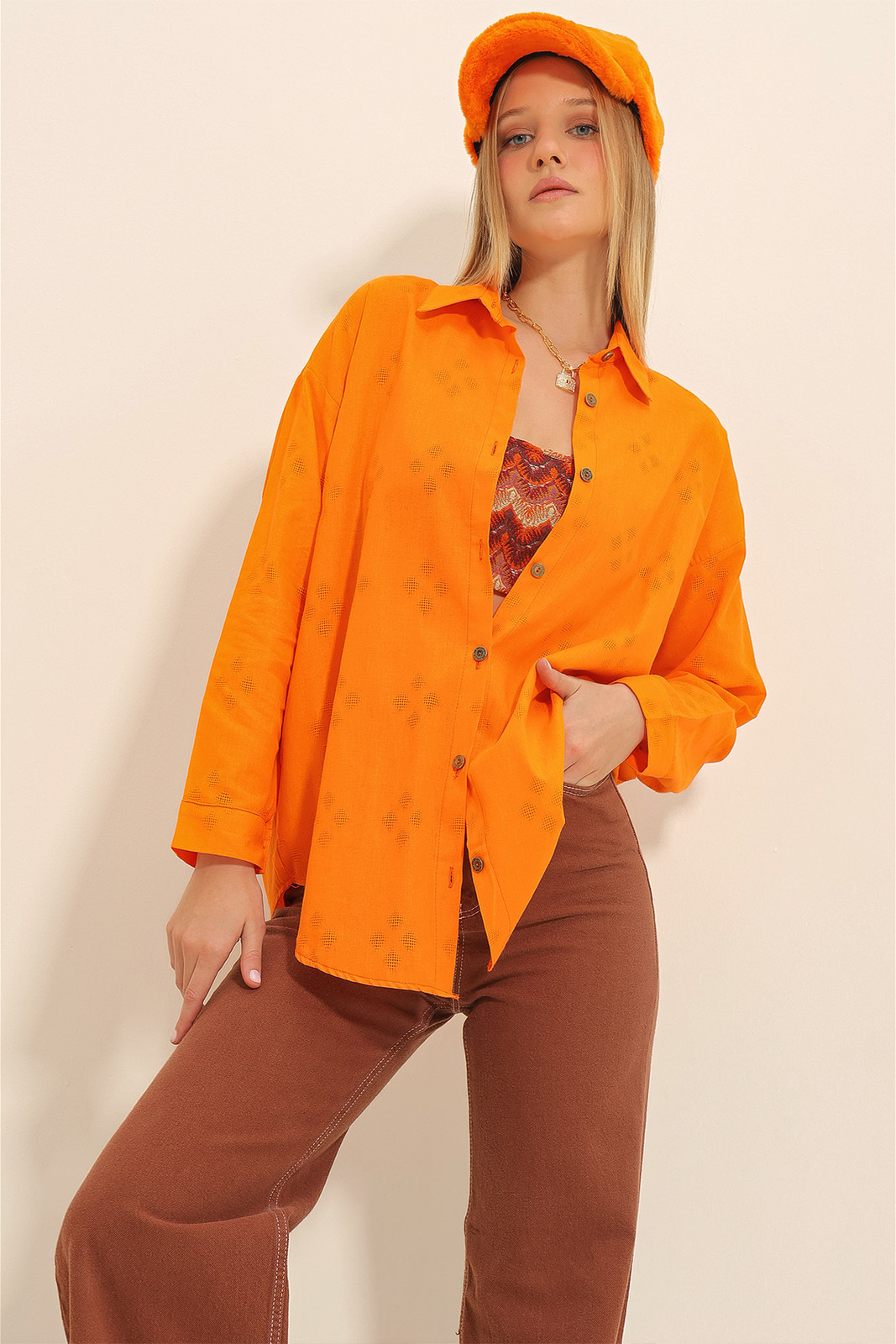 Trend Alaçatı Stili Women's Orange Motif Oversize Linen Shirt