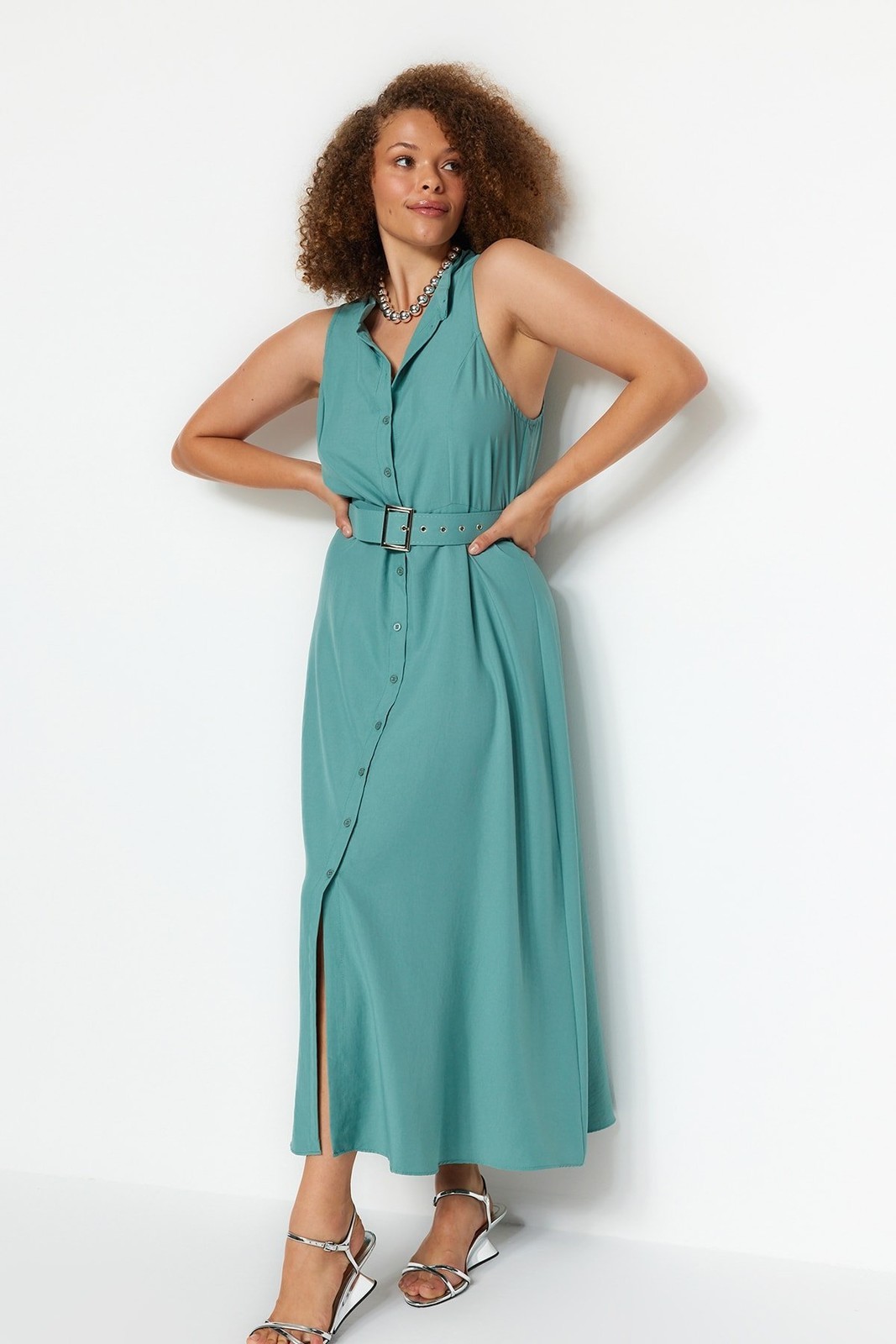 Trendyol Curve Mint Woven Shirt Dress With A Belt