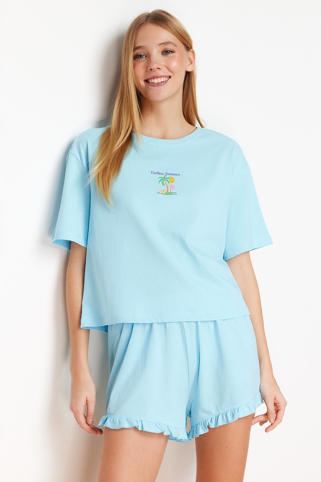 Trendyol Blue 100% Cotton Printed Knitted Pajamas Set