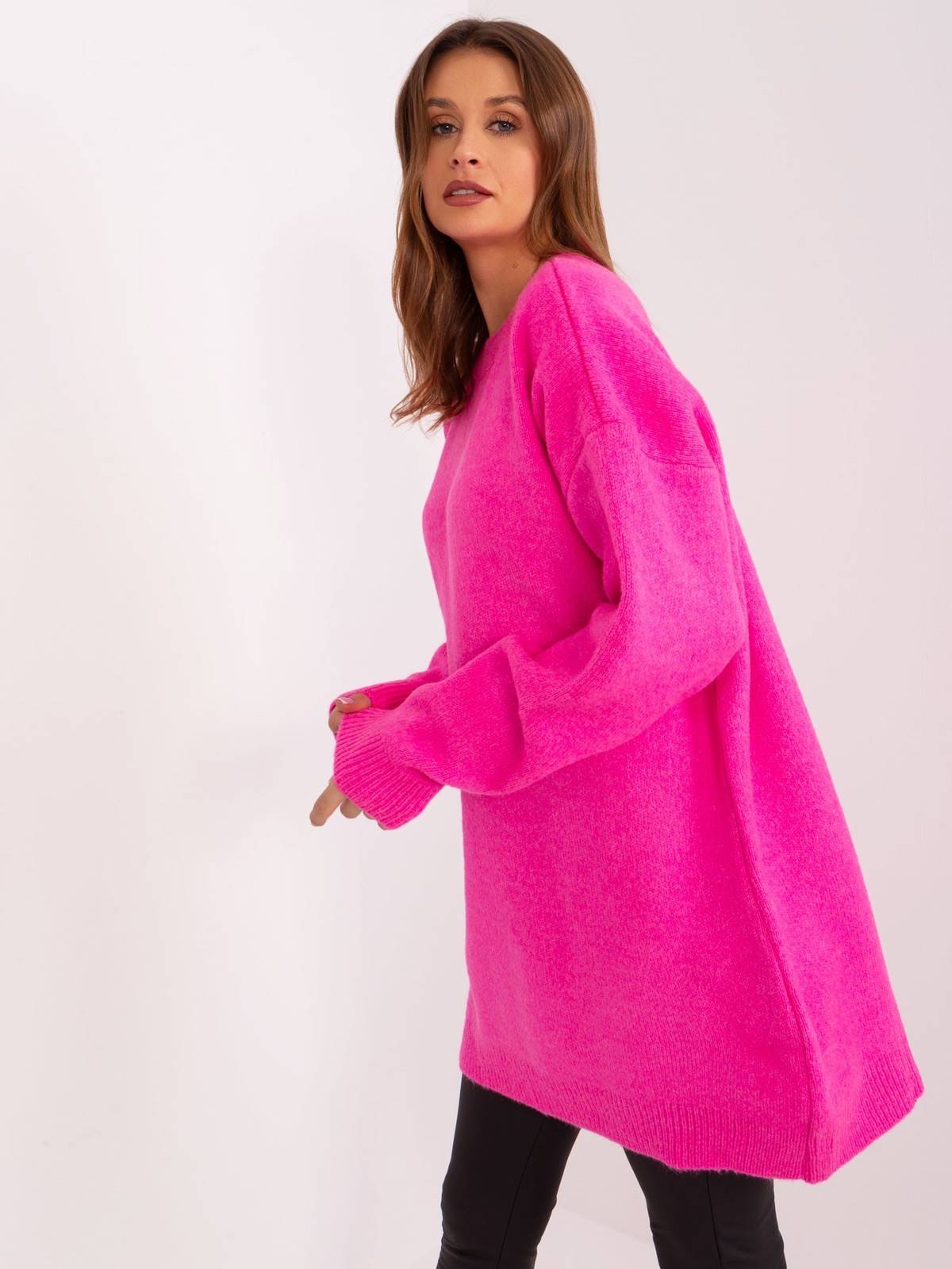 Fluo pink knitted dress with a round neckline RUE PARIS
