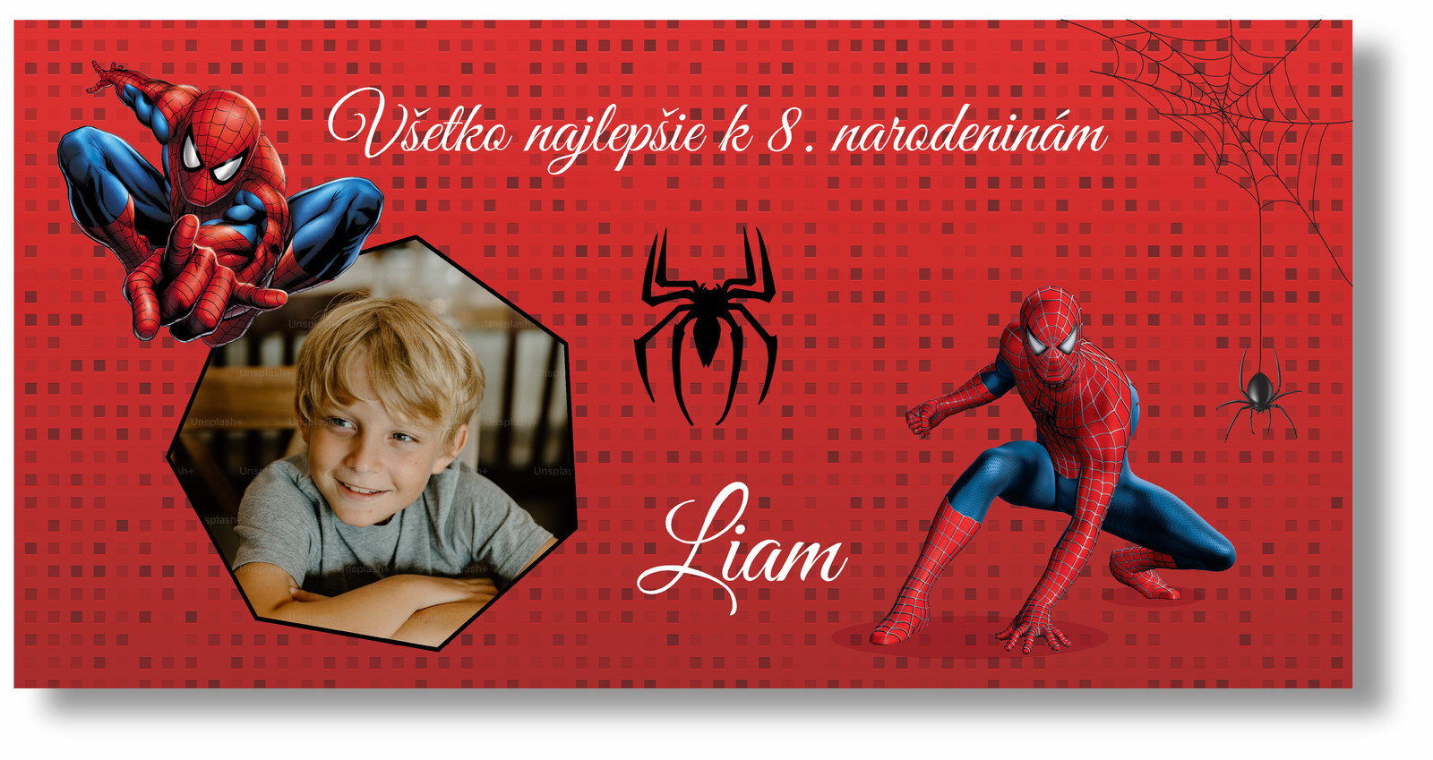 Personal Narodeninový banner s fotkou - Spiderman Rozmer banner: 130 x 65 cm