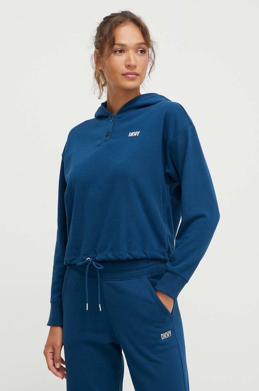 Mikina Dkny dámska, tmavomodrá farba, s kapucňou, s nášivkou