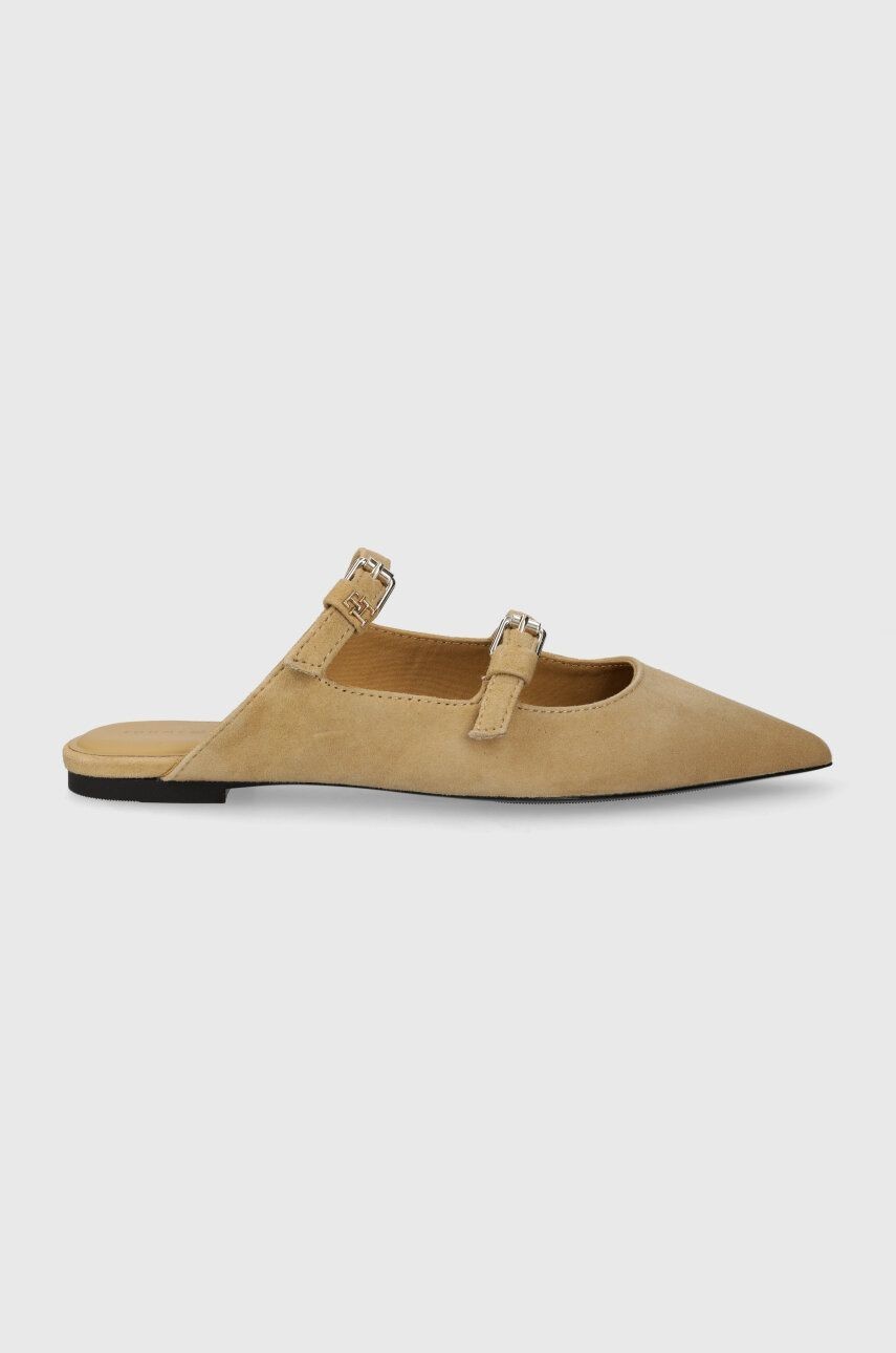 Semišové šľapky Tommy Hilfiger TH POINTE SUEDE MULE dámske, béžová farba, FW0FW07697