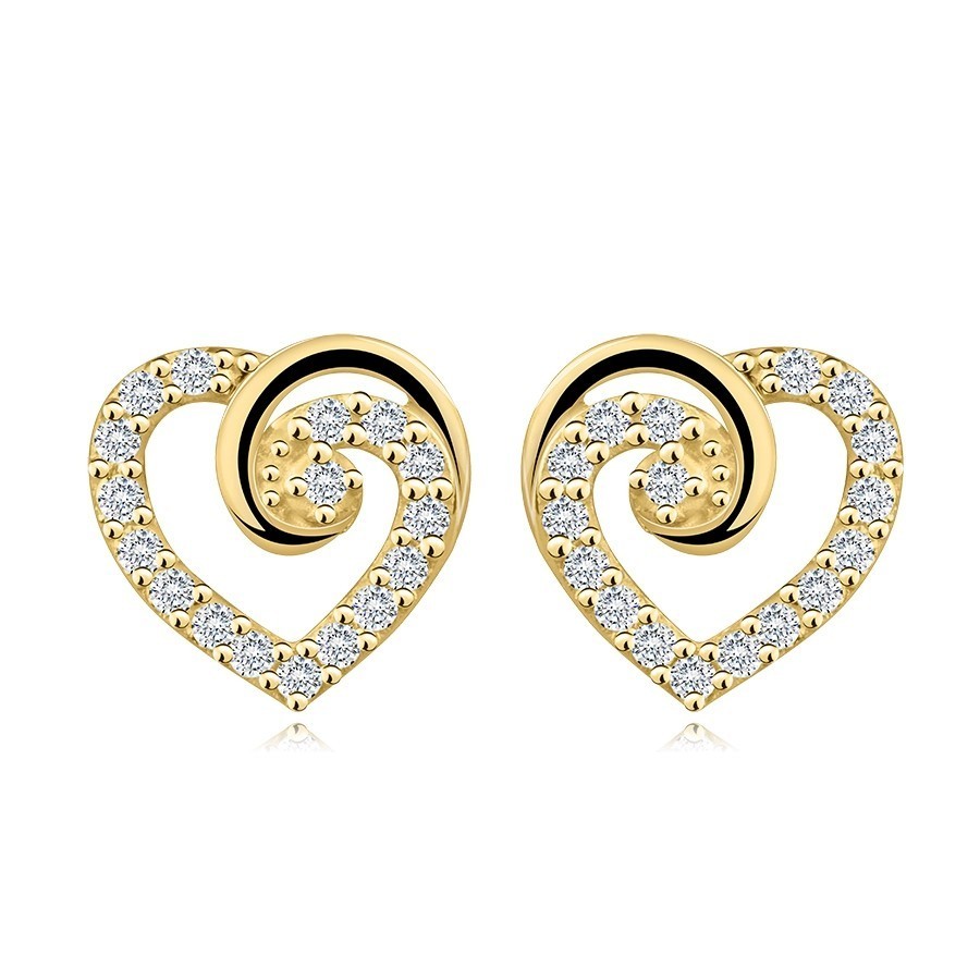 Zlaté náušnice v žltom 14K zlate - obrys srdca so slučkou, zirkónová línia