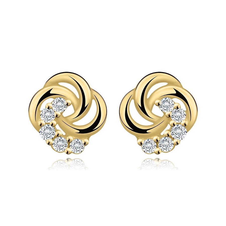 Náušnice zo žltého 585 zlata - kvietok, tri hladké a jeden zirkónový lupeň