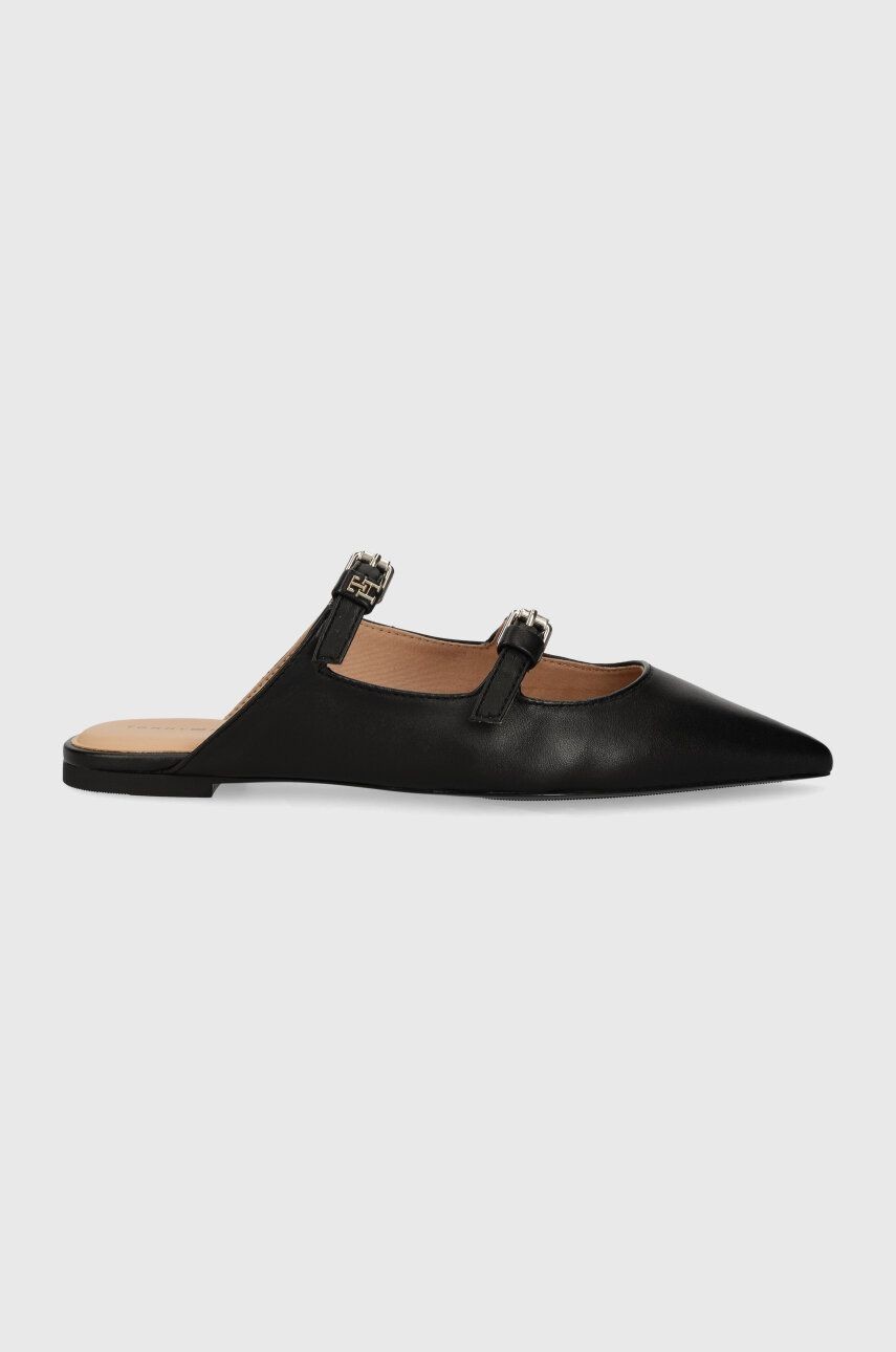 Kožené šľapky Tommy Hilfiger TH POINTY LEATHER MULE dámske, čierna farba, FW0FW07722