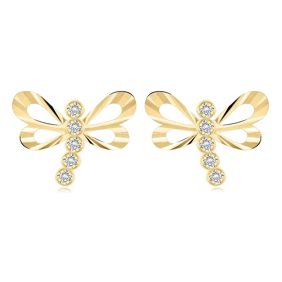 Náušnice zo žltého zlata 585 - vážka so zdobenými krídlami, okrúhle zirkóny