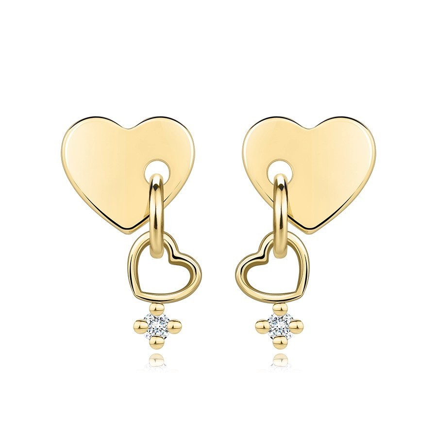 Náušnice zo žltého 585 zlata - plné srdce, srdiečkový obrys, číry zirkón