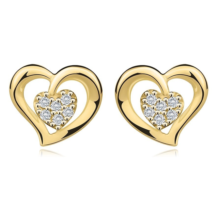 Náušnice zo žltého 14K zlata - obrys srdca, srdiečko s čírymi zirkónmi