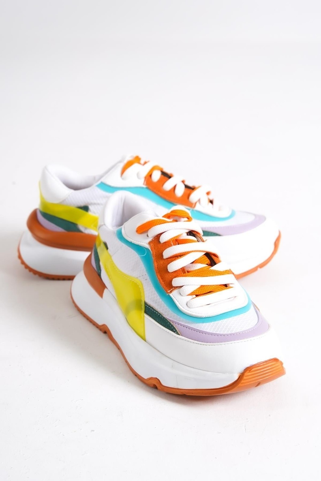Capone Outfitters Capone Round Toe Women's White Orange Sneakers with Double Lace-Up In The Front.
