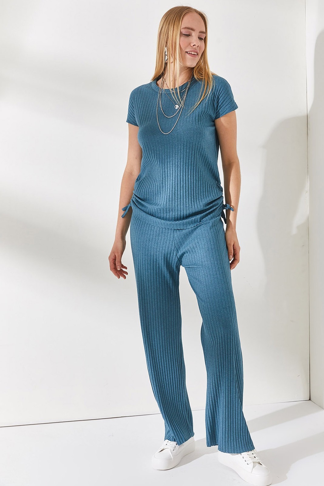 Olalook Women's Petrol Blue Gathered Side Blouse Palazzo Trousers Suit