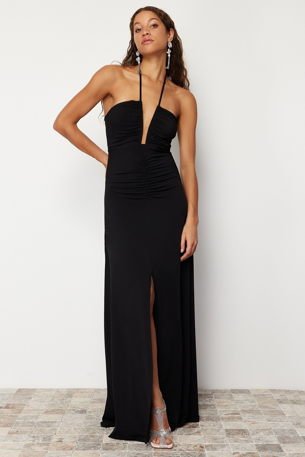 Trendyol Black Waist Opening/Skater Knitted Long Evening Evening Dress