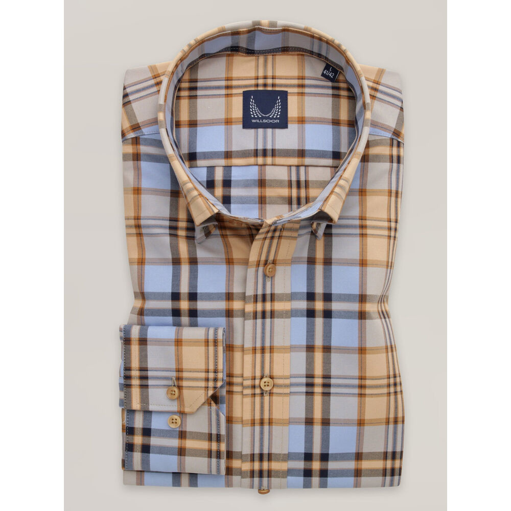 Pánska košeľa slim fit s hnedo-modrým károvaným vzorom 16520