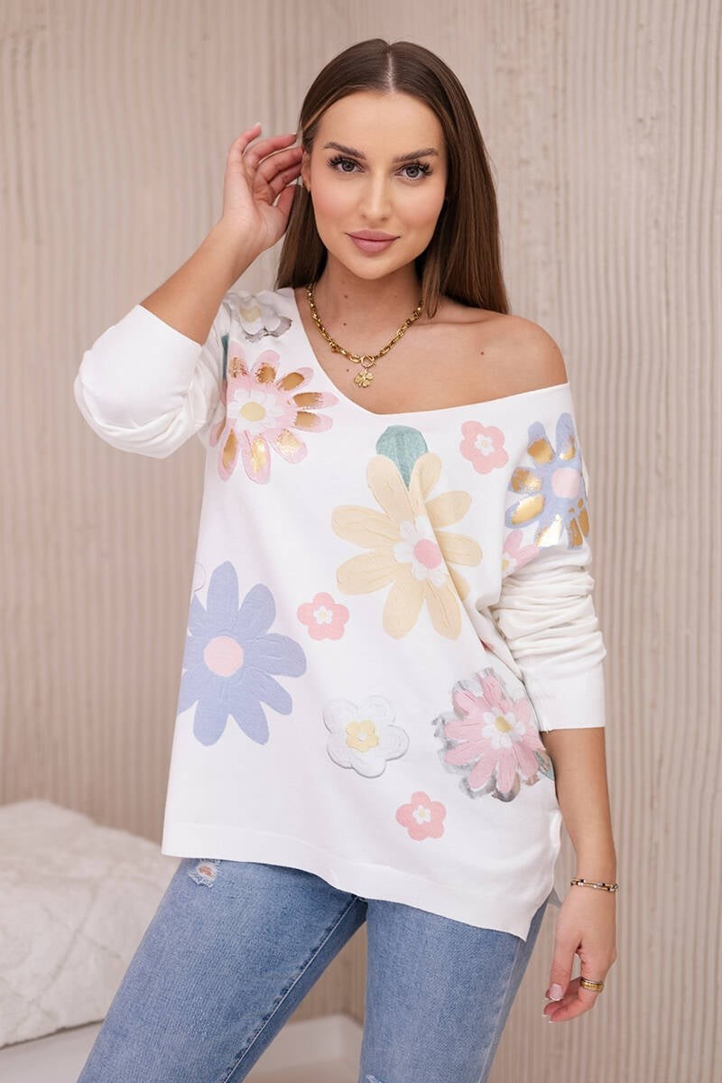 Sweater blouse with colorful flowers yellow+blue