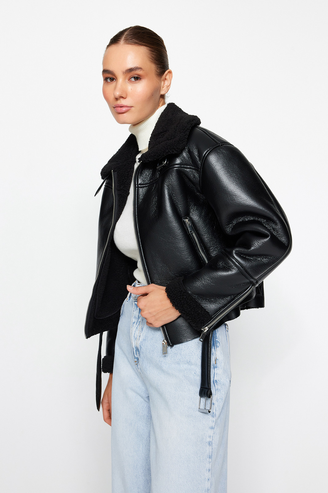 Trendyol Black Oversize Plush Detailed Faux Leather Biker Jacket Coat