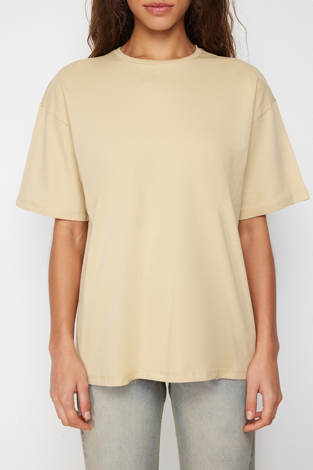 Trendyol Dark Beige 100% Cotton Oversize/Wide Fit Crew Neck Knitted T-Shirt