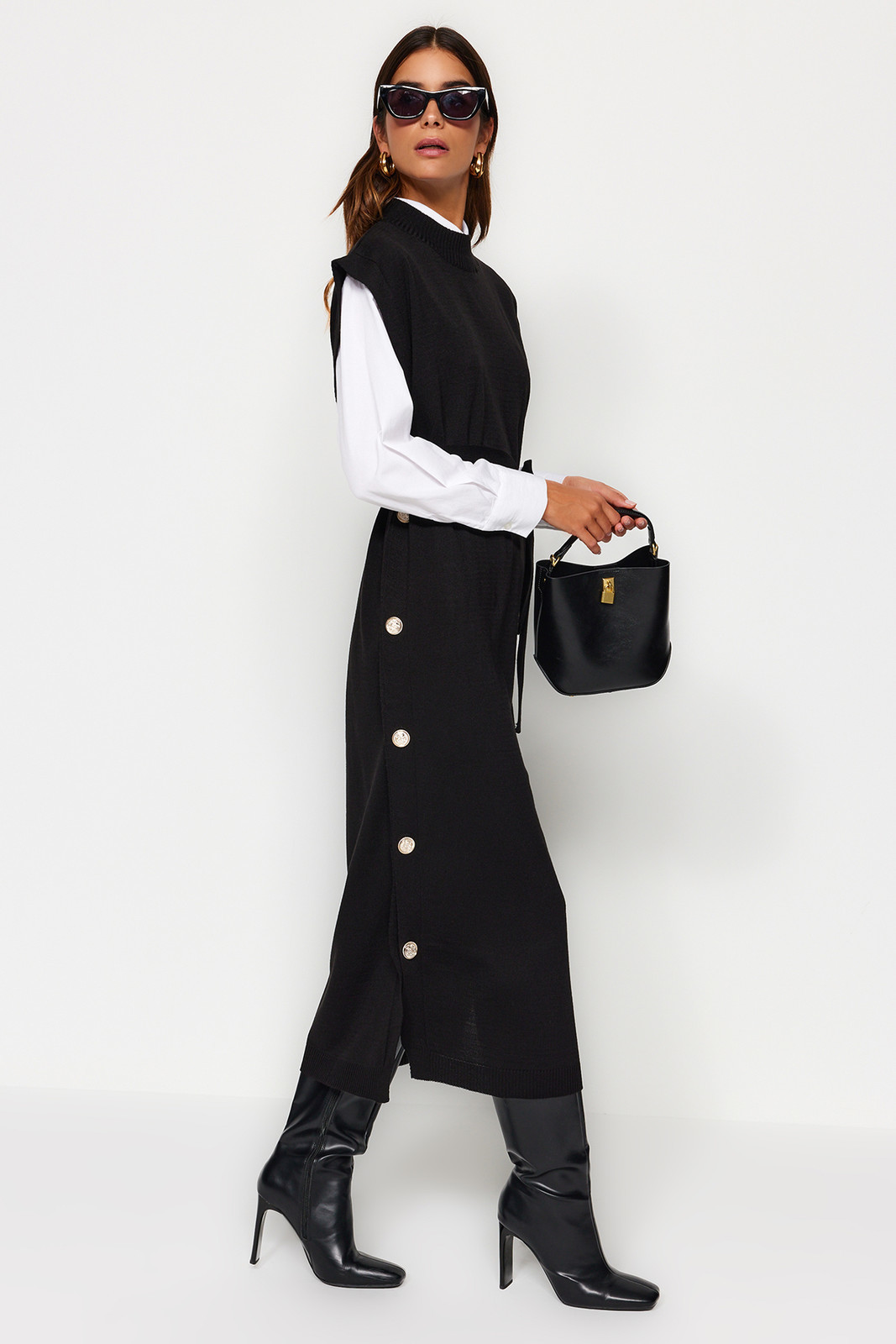 Trendyol Black Button Detailed Knitwear Sweater Dress