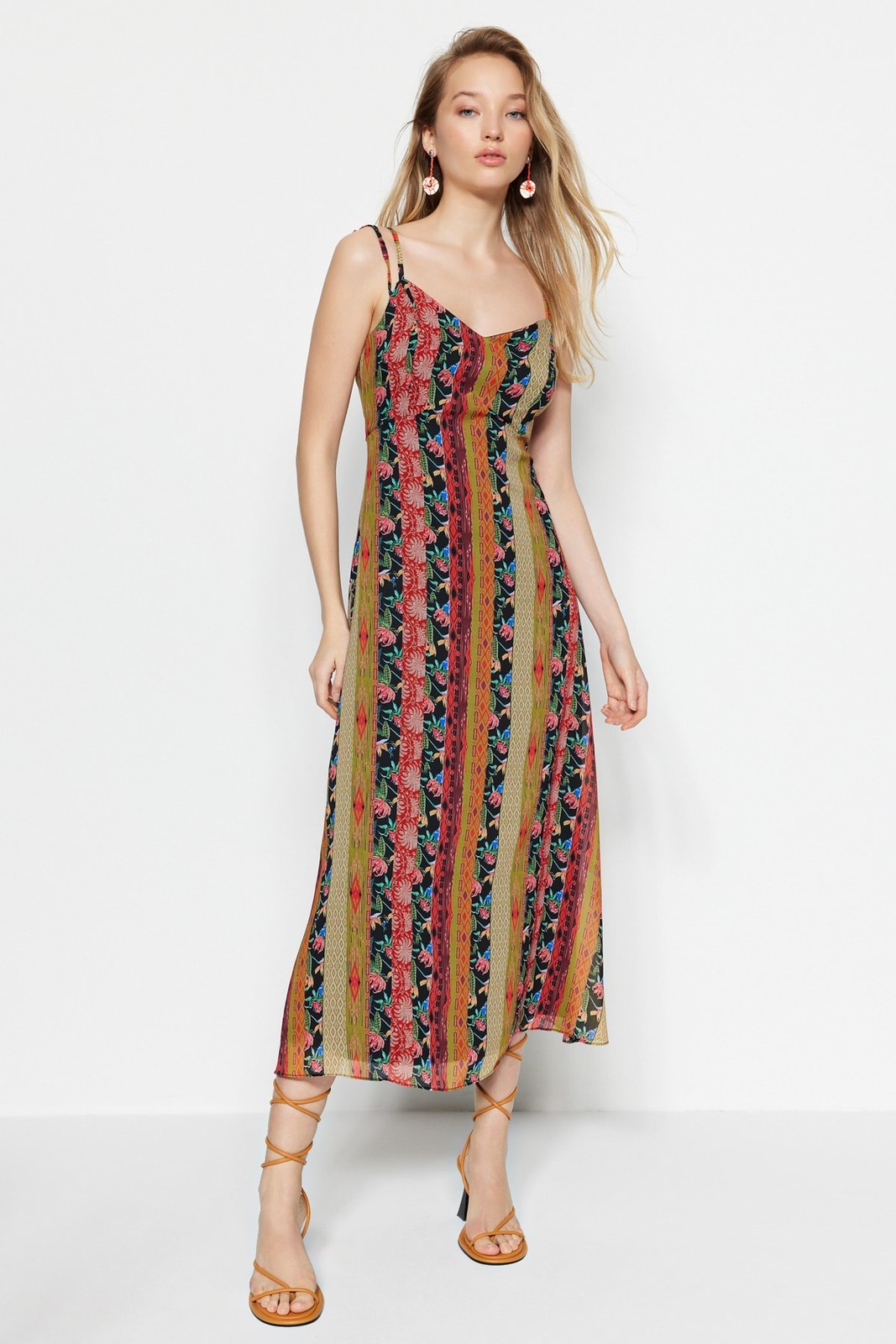 Trendyol Multi Color Midi Lined Woven Strap Patterned Woven Dress