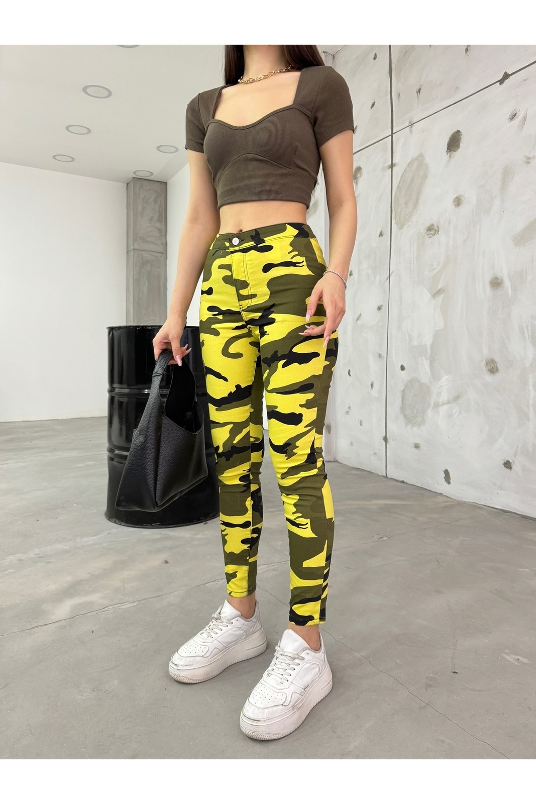 BİKELİFE Yellow Camouflage Pattern Gabardine Leggings Trousers