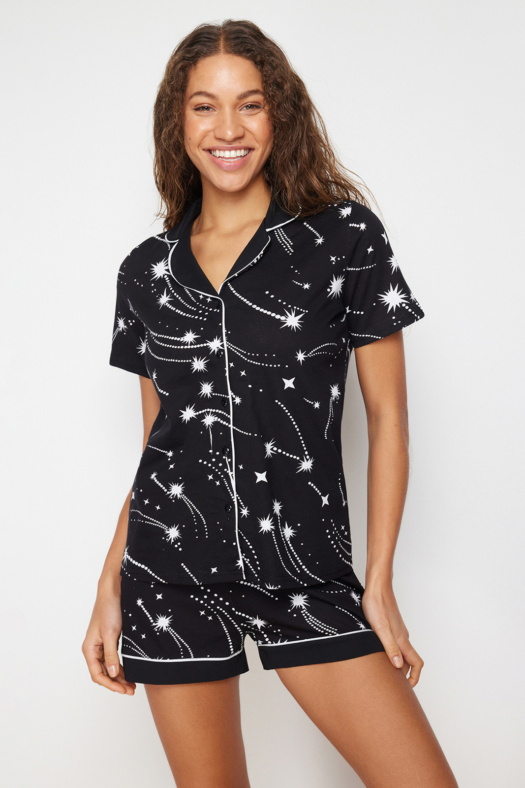 Trendyol Black 100% Cotton Piping Detailed Shirt-Shorts Knitted Pajama Set