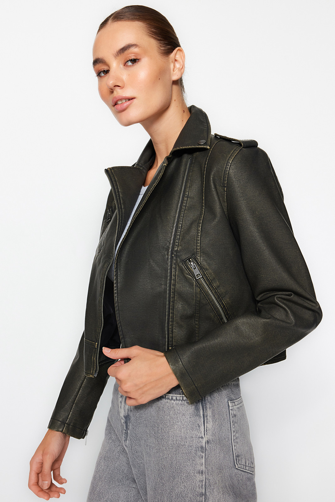 Trendyol Anthracite Aged Detailed Faux Leather Biker Jacket Coat