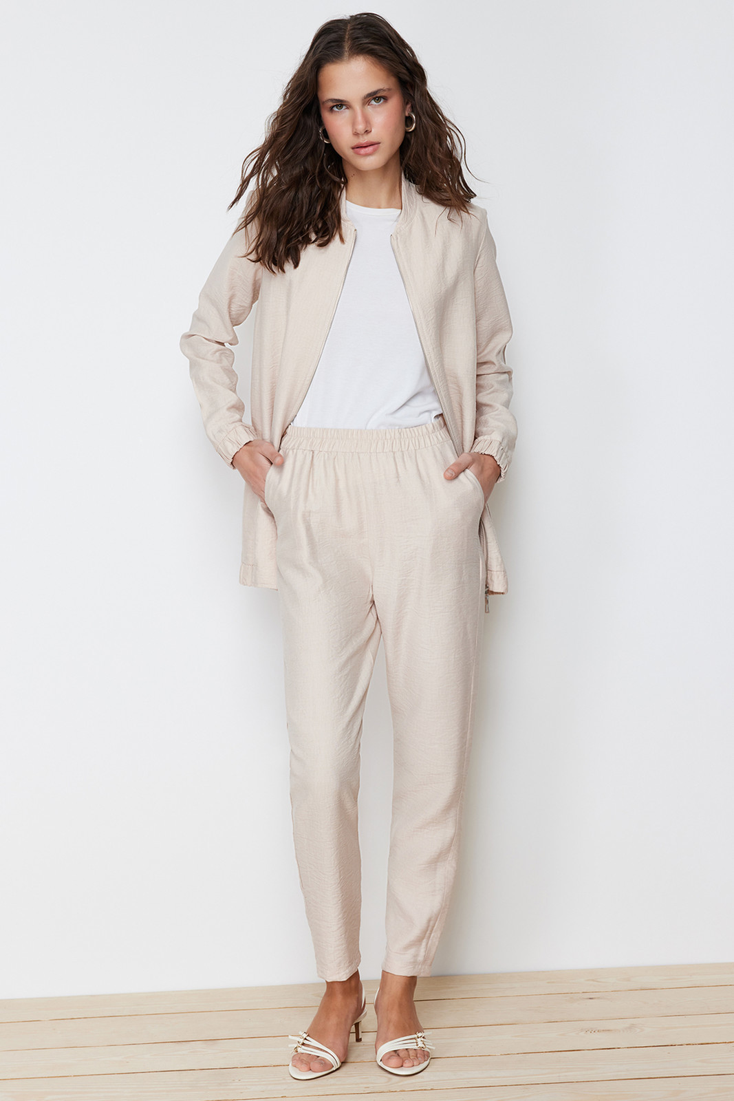 Trendyol Beige Linen Look Woven Trousers Tunic Bottom Top Set