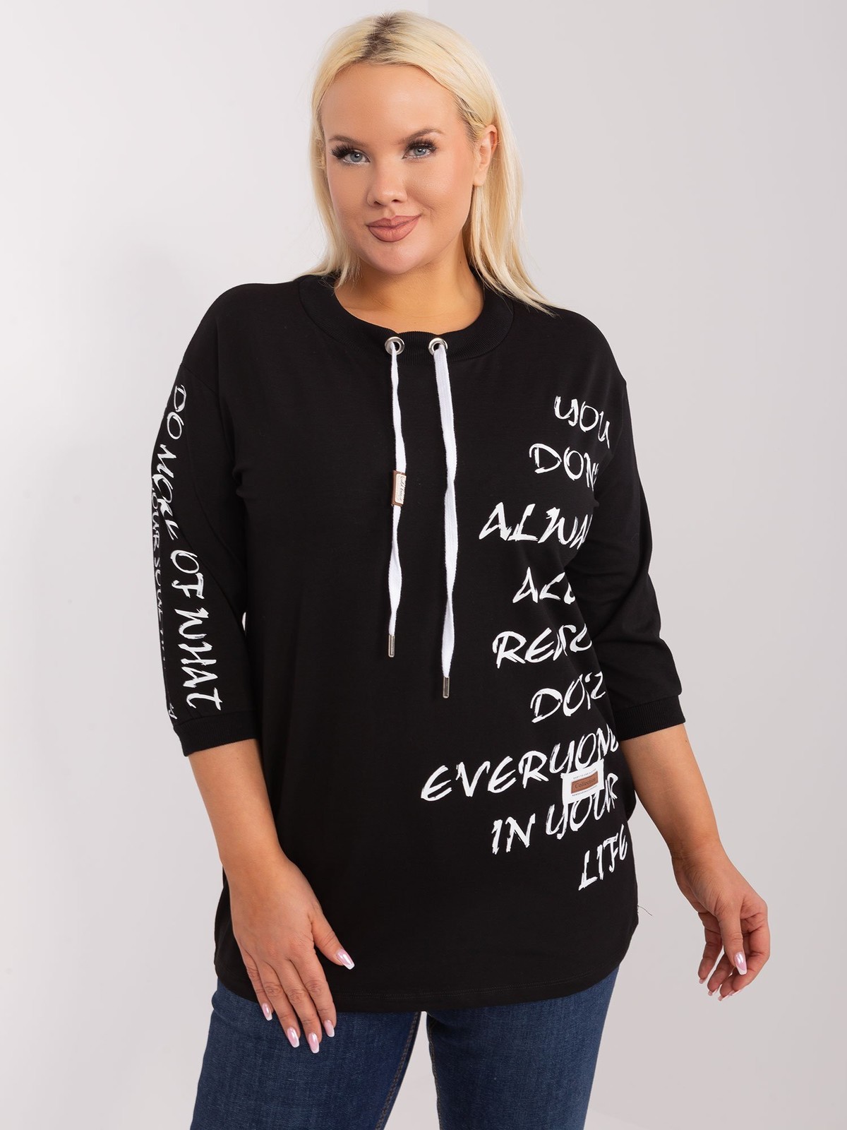 Plus size black casual blouse with 3/4 sleeves