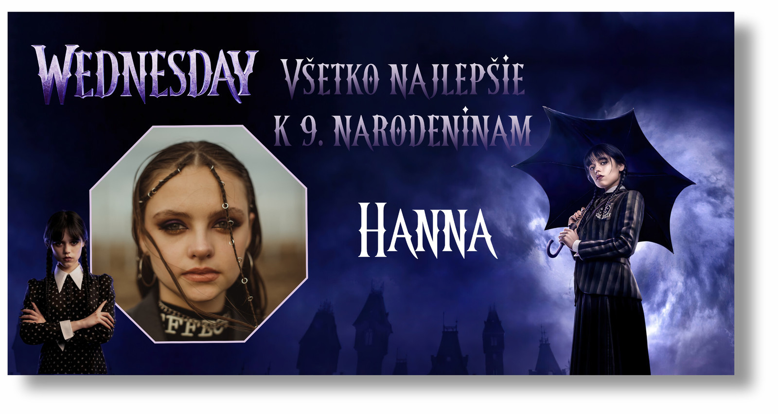 Personal Narodeninový banner s fotkou - Wednesday Rozmer banner: 130 x 65 cm