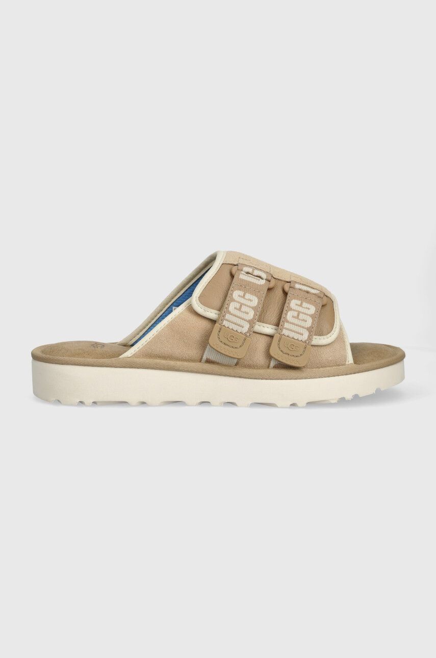 Semišové šľapky UGG Goldencoast Strap Slide pánske, béžová farba, 1142730