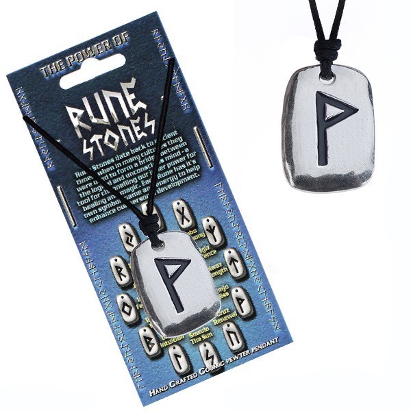 Šnúrka na krk a kovový prívesok - čierny runový znak Wunjo